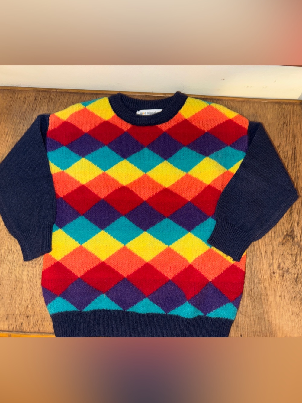 Colorful Argyle toddler Knit Sweater with Navy Trim 4T